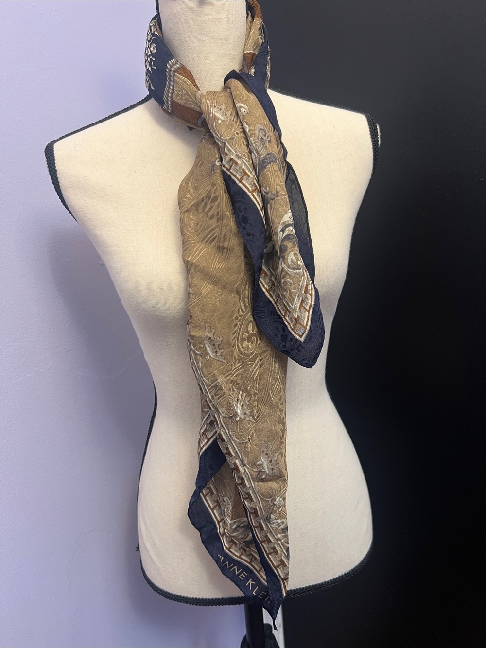 Anne Klein Silk Scarf Classic Navy Brown - Picture 3 of 3